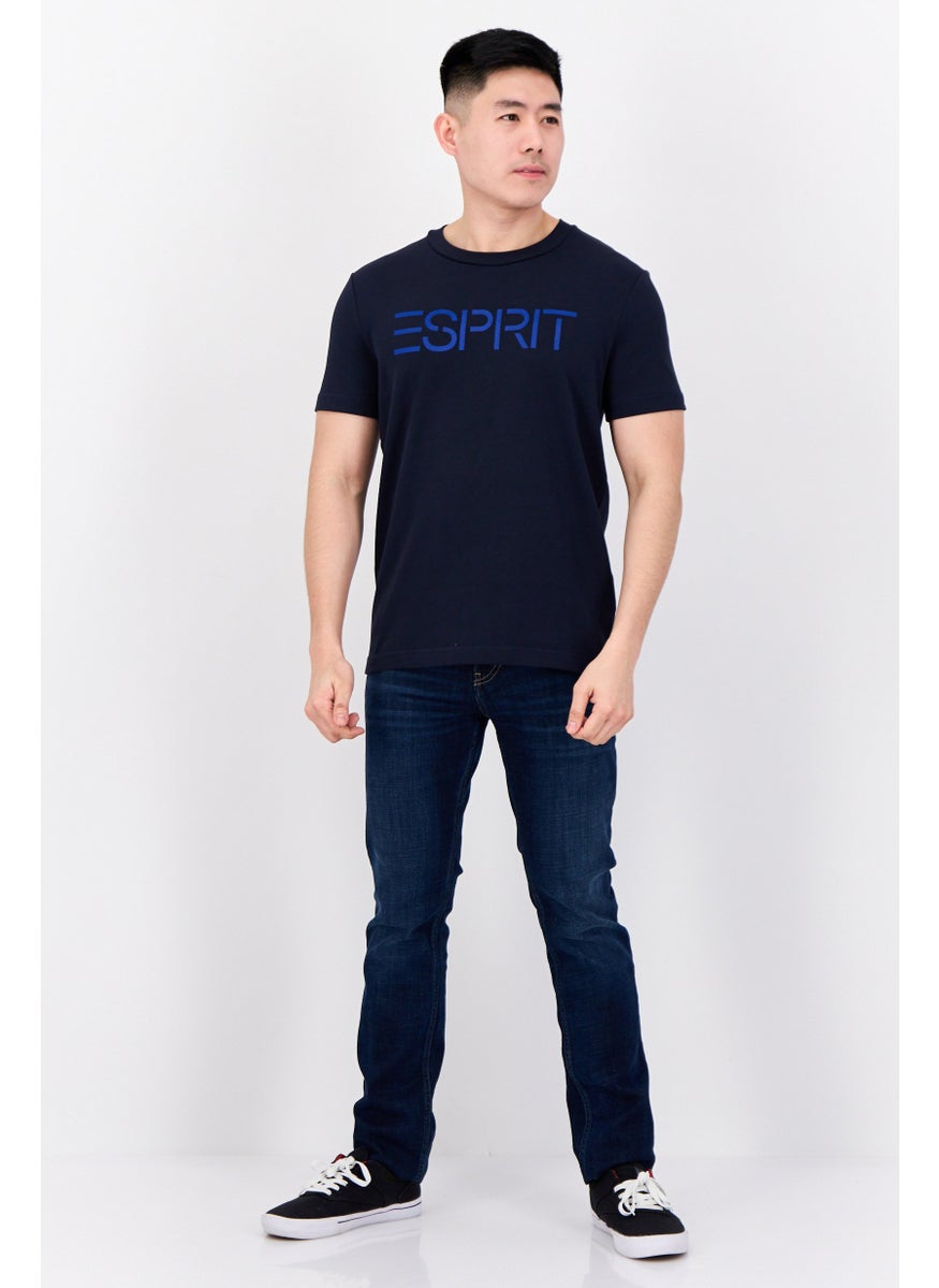 Men Crew Neck Short Sleeve Brand Logo T-Shirt, Navy