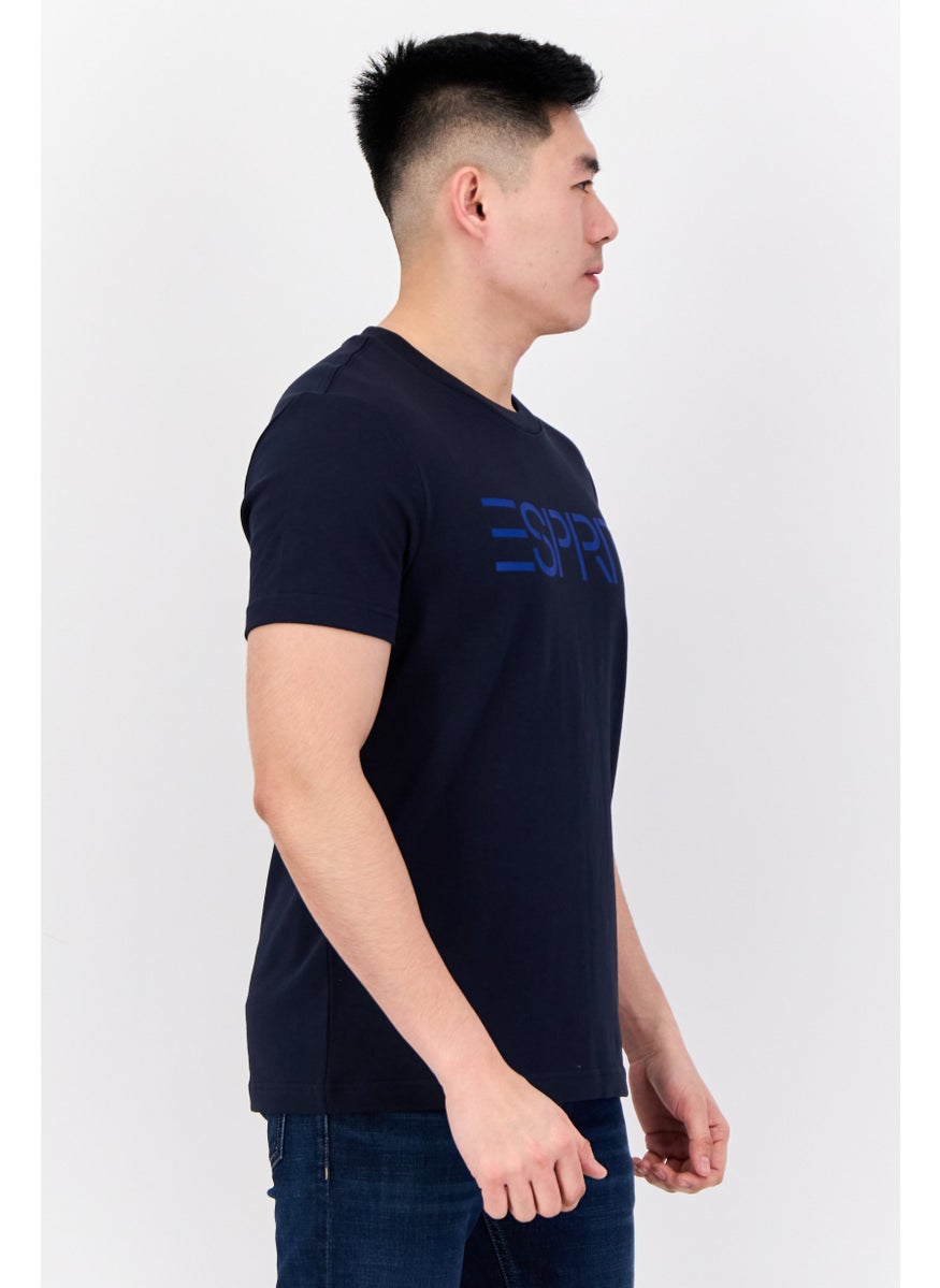 Men Crew Neck Short Sleeve Brand Logo T-Shirt, Navy
