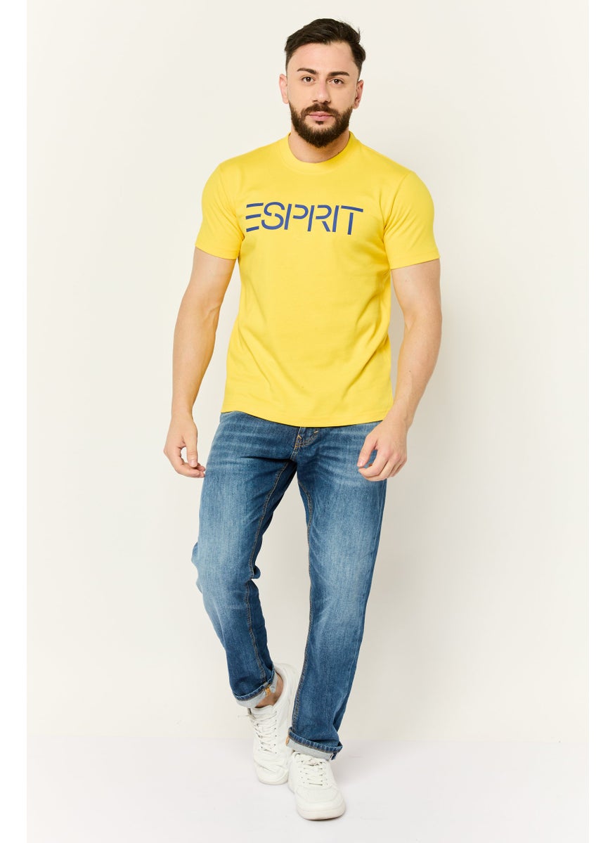 Men Crew Neck Short Sleeves Brand Logo T-Shirt, Yellow