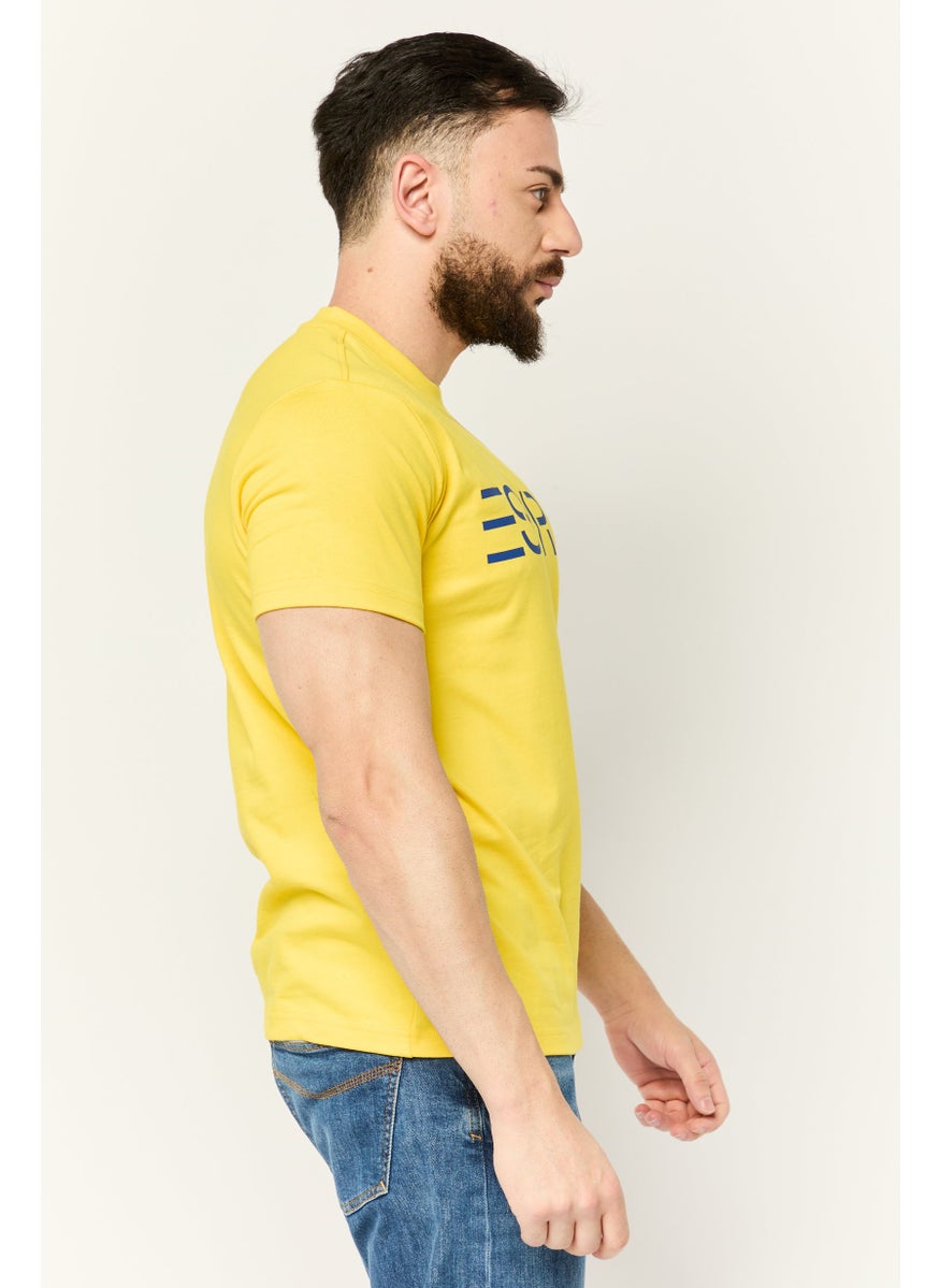 Men Crew Neck Short Sleeves Brand Logo T-Shirt, Yellow