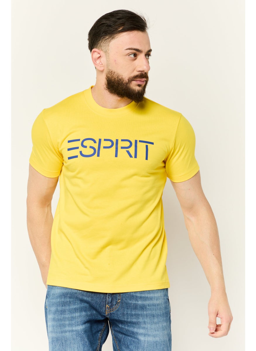 Men Crew Neck Short Sleeves Brand Logo T-Shirt, Yellow