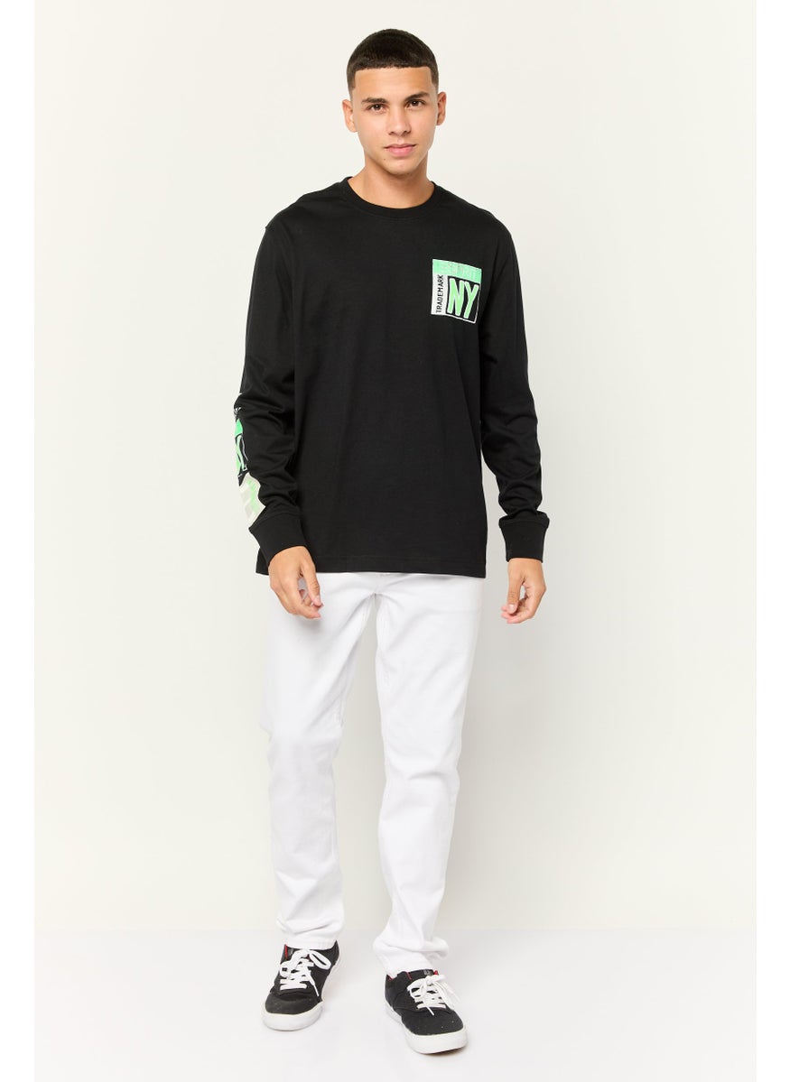 Men Crew Neck Long Sleeves Graphic Print T-Shirt, Black