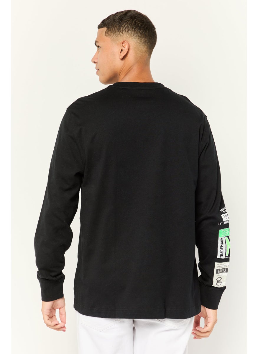 Men Crew Neck Long Sleeves Graphic Print T-Shirt, Black