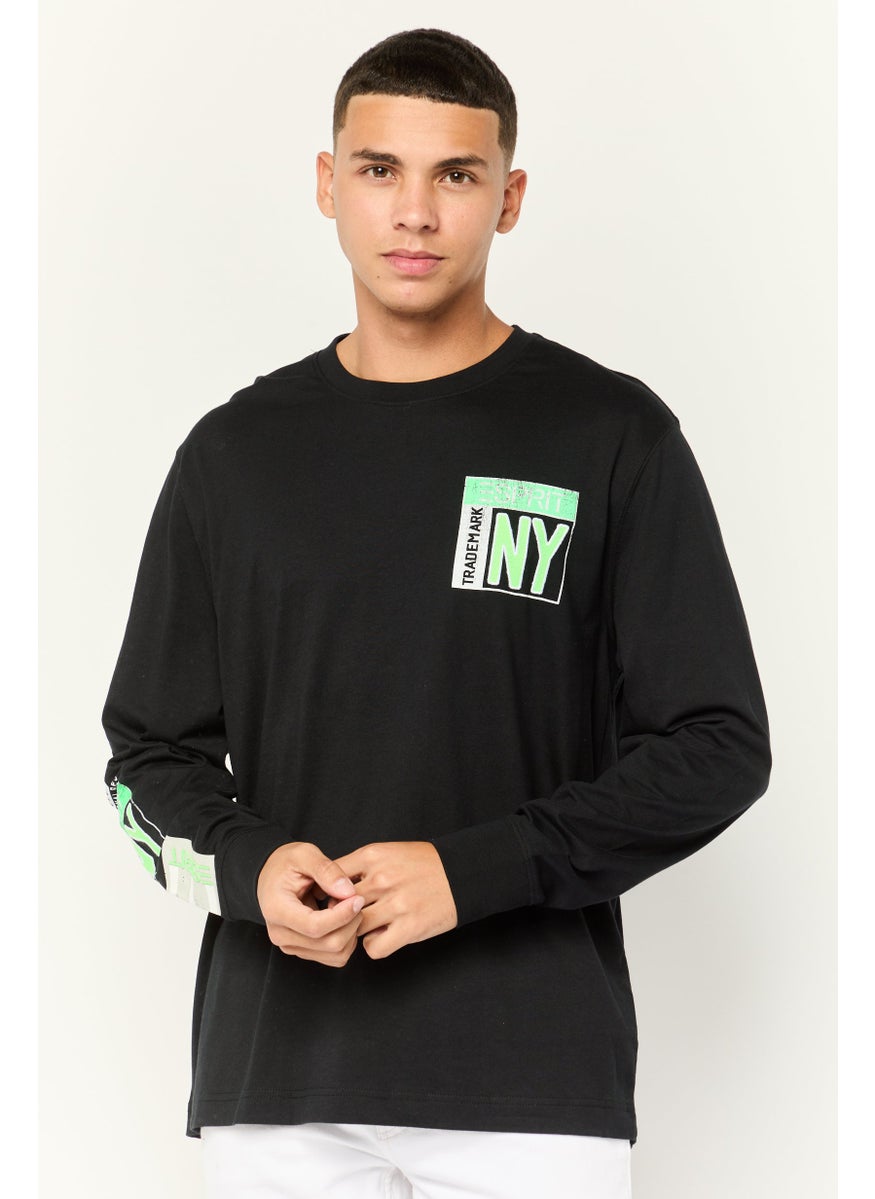 Men Crew Neck Long Sleeves Graphic Print T-Shirt, Black