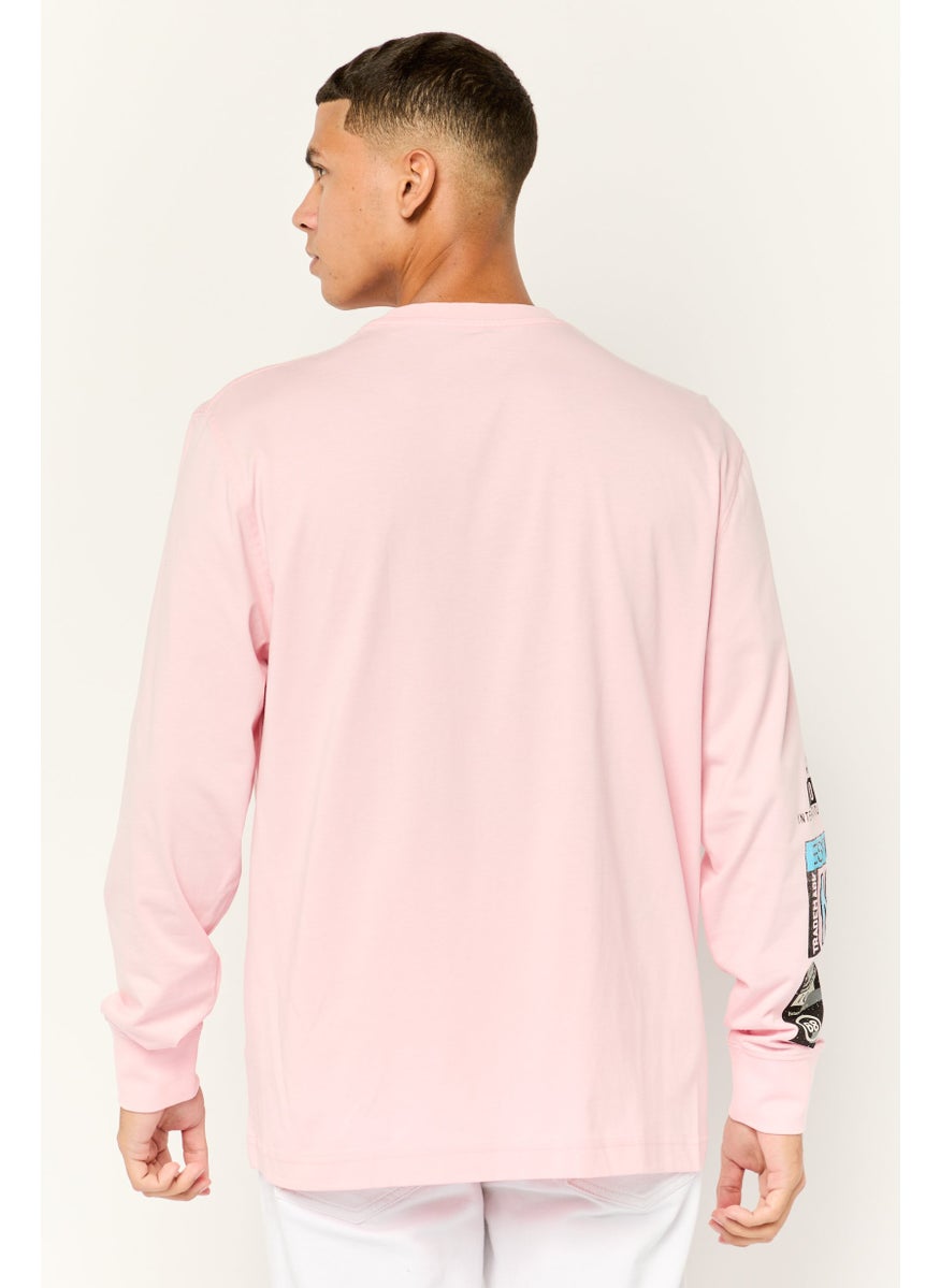 Men Crew Neck Embroidered Long Sleeves T-shirt, Pink