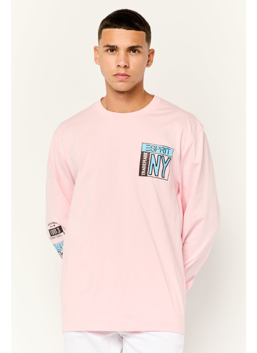 Men Crew Neck Embroidered Long Sleeves T-shirt, Pink