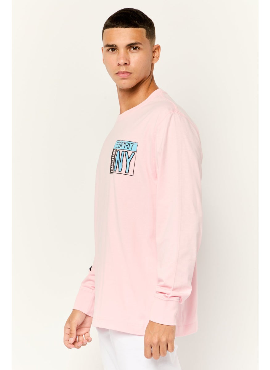 Men Crew Neck Embroidered Long Sleeves T-shirt, Pink