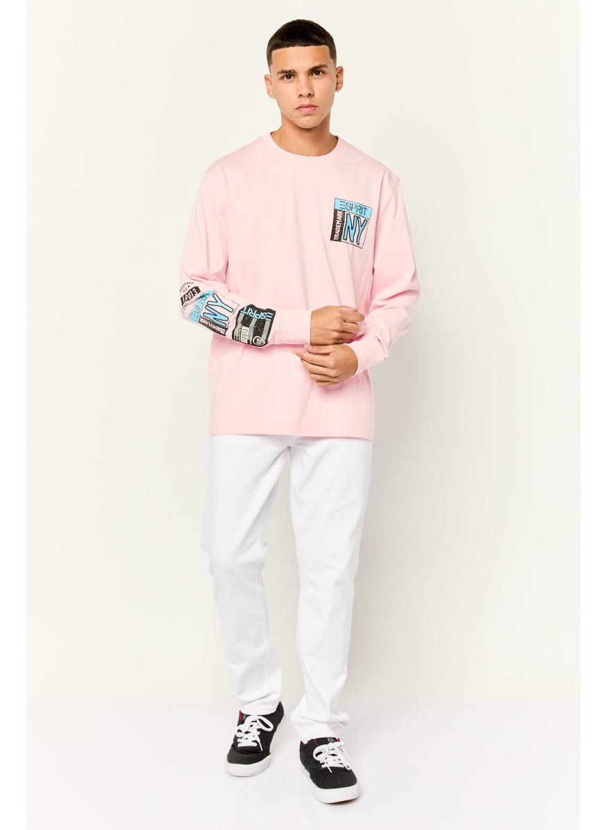 Men Crew Neck Embroidered Long Sleeves T-shirt, Pink