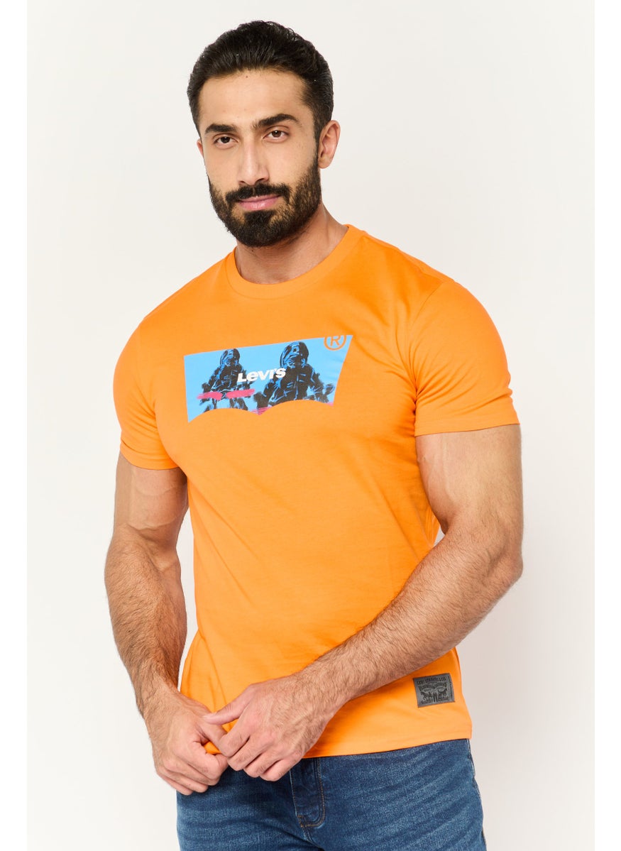 Men Crew Neck Short Sleeves Graphic Printed T-Shirt, Orange Combo