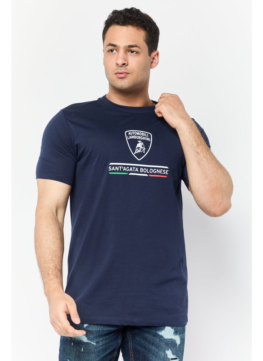 Men Crew Neck Short Sleeves Graphic Print T-Shirt, Navy