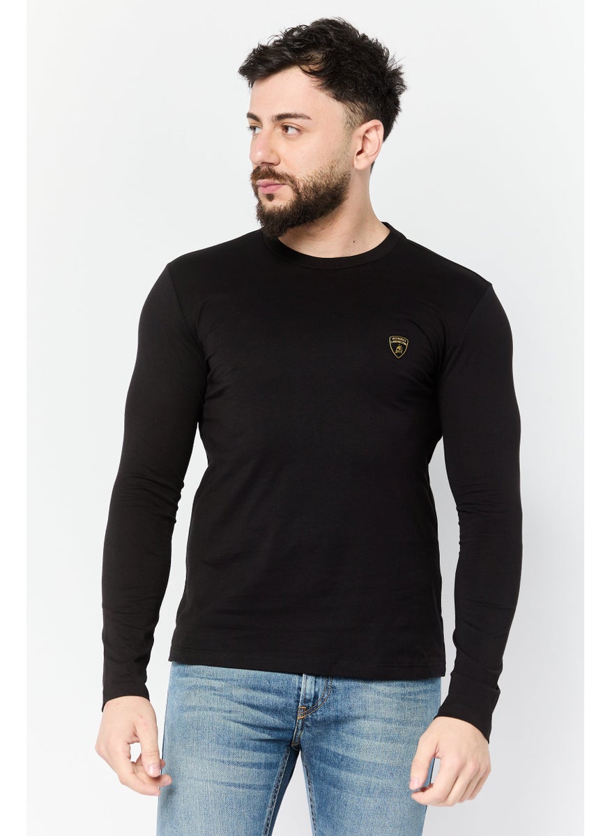 Men Crew Neck Long Sleeve Brand Logo T-Shirt, Black