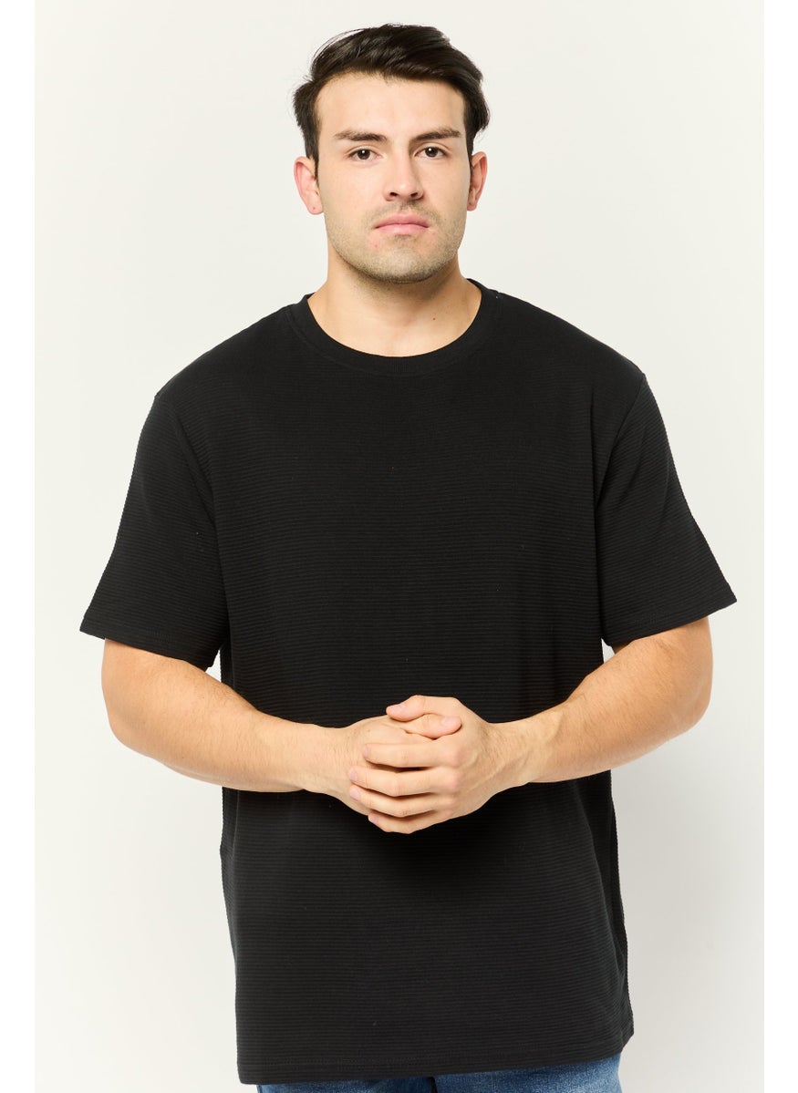 Men Crew Neck Short Sleeves Textured T-Shirt, Black