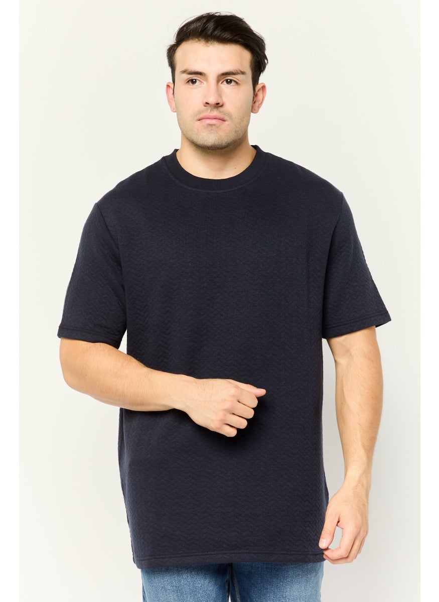 Men Ribbed Neck Short Sleeves Herringbone T-Shirt, Navy