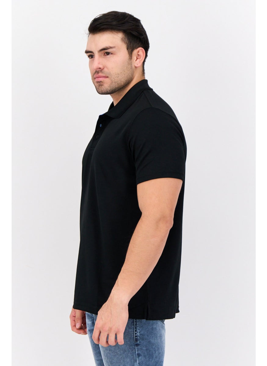 Men Regular Fit Short Sleeves Textured Polo Shirt, Black