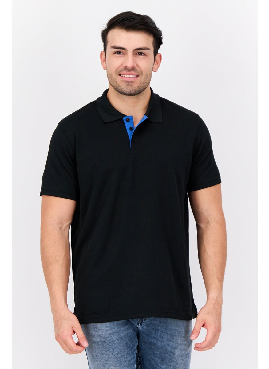 Men Regular Fit Short Sleeves Textured Polo Shirt, Black