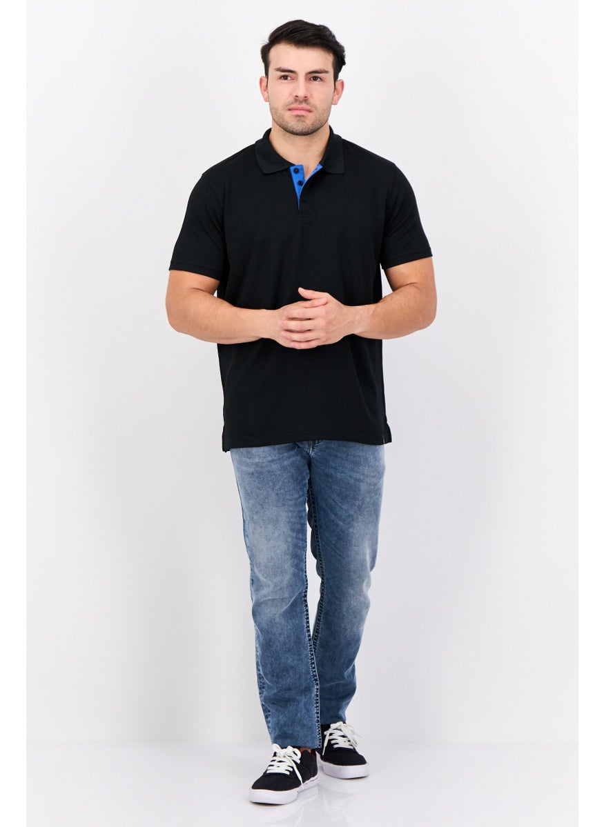 Men Regular Fit Short Sleeves Textured Polo Shirt, Black