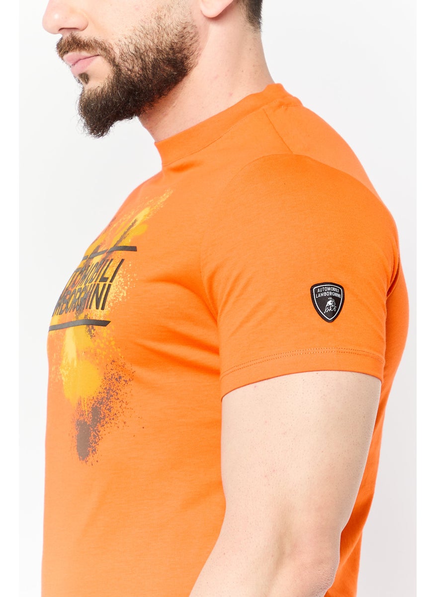 Men Crew Neck Short Sleeves Graphic Print T-Shirt, Orange
