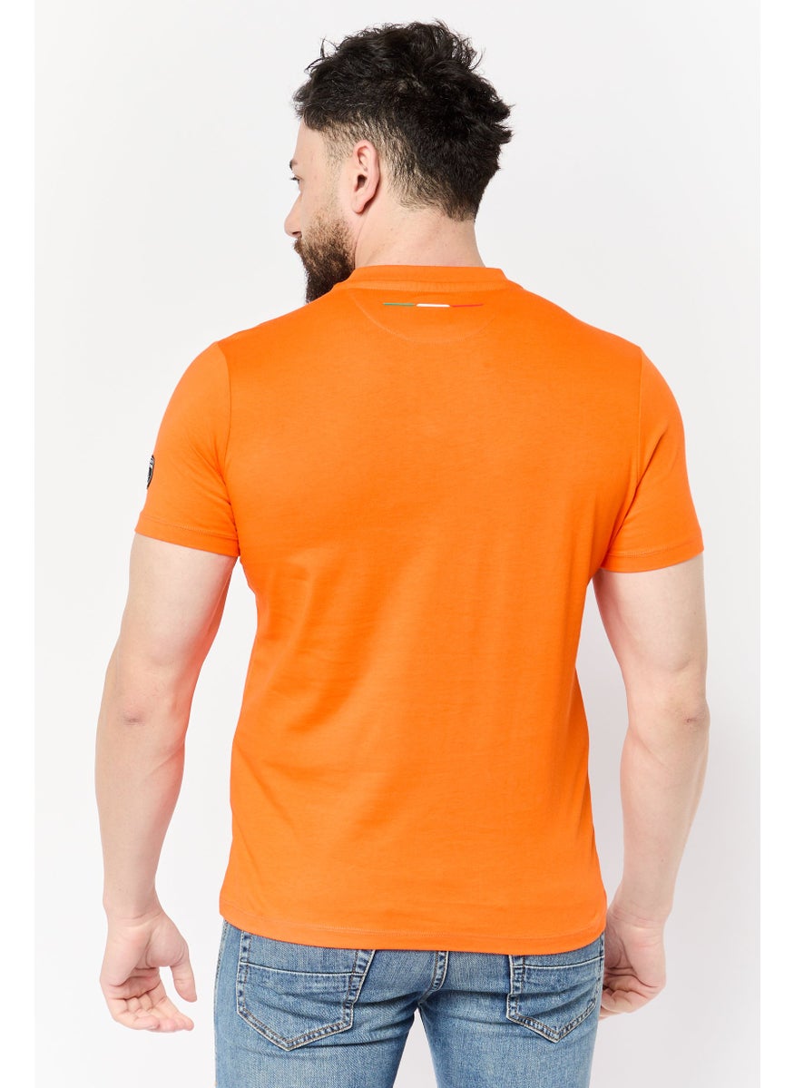 Men Crew Neck Short Sleeves Graphic Print T-Shirt, Orange