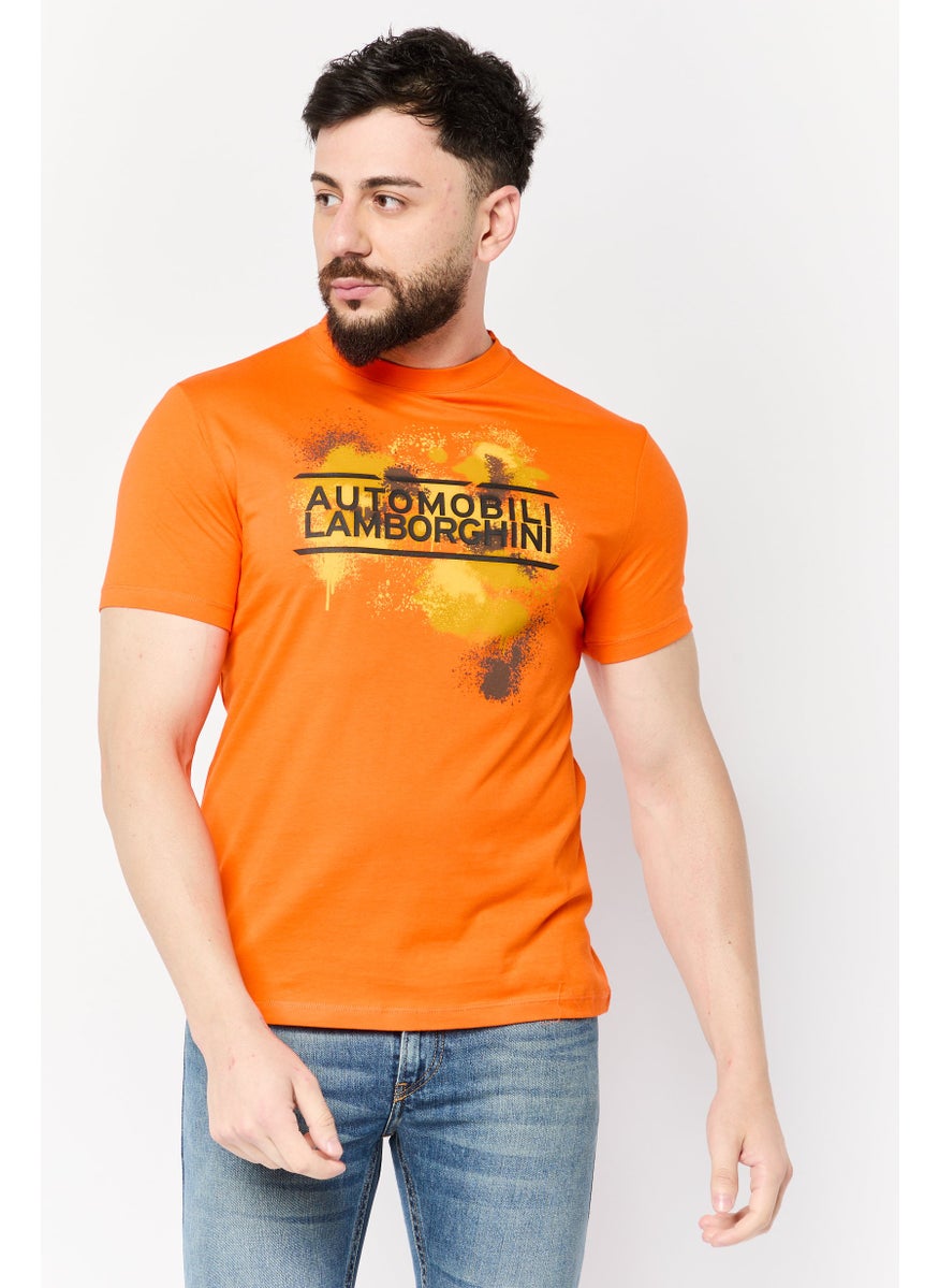 Men Crew Neck Short Sleeves Graphic Print T-Shirt, Orange