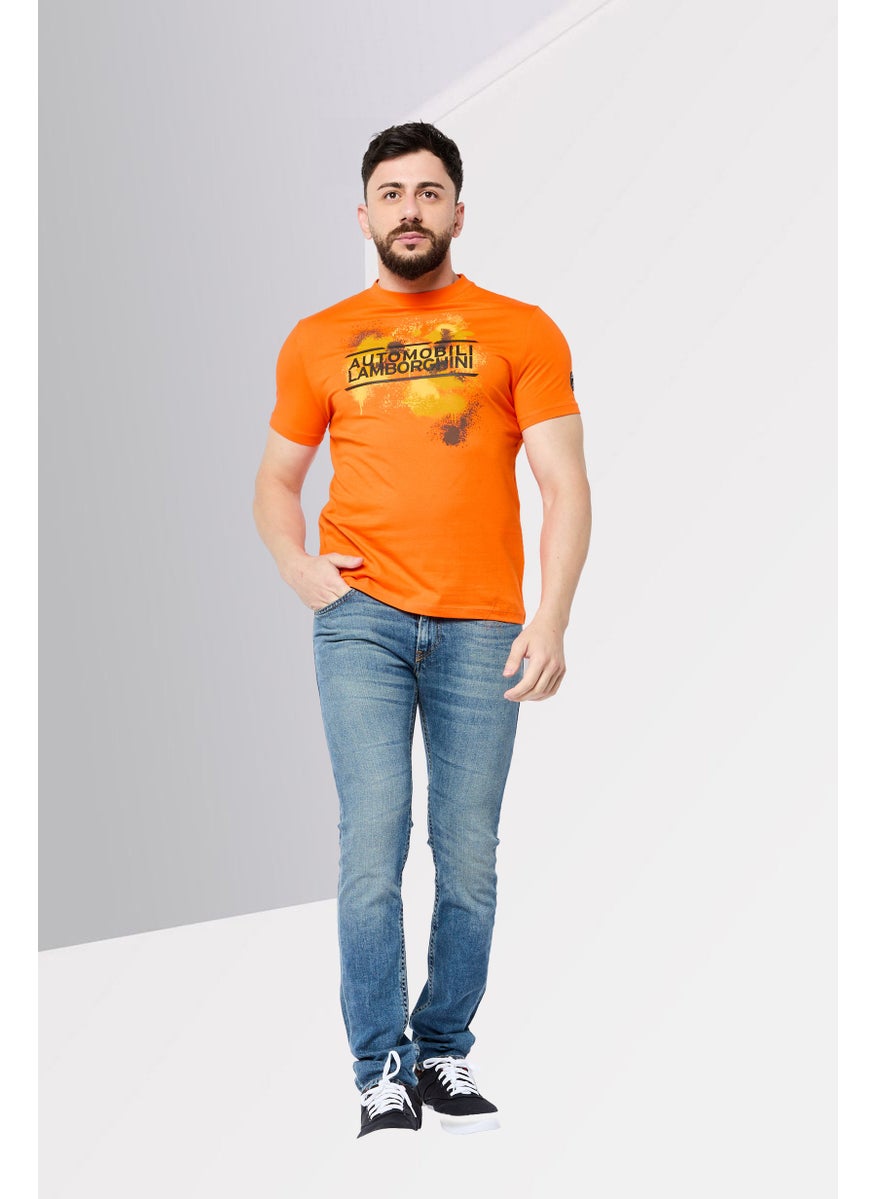 Men Crew Neck Short Sleeves Graphic Print T-Shirt, Orange