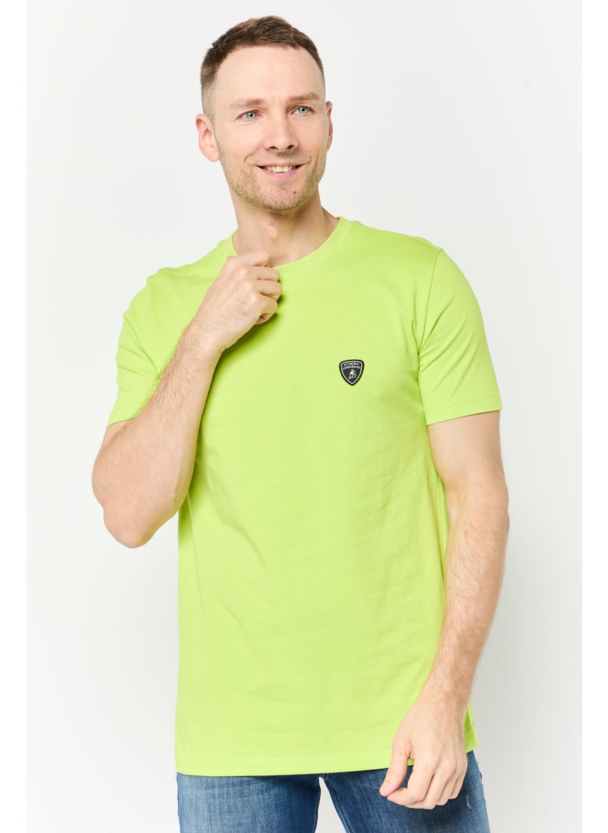 Men Crew Neck Short Sleeves Brand Logo T-Shirt, Lime Green