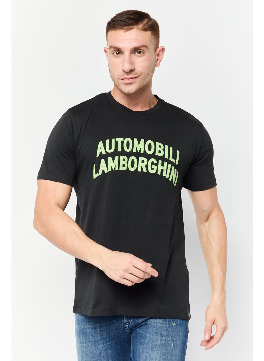 Men Crew Neck Short Sleeves Embossed T-shirt, Black