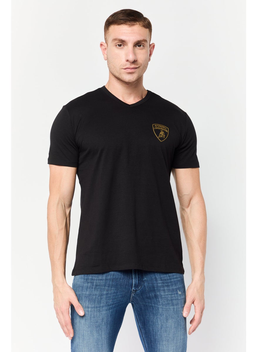 Men V- Neck Short Sleeves Brand Logo T-Shirt, Black
