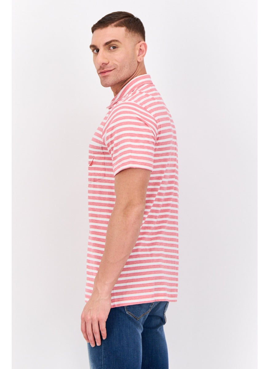 Men Regular Fit Stripe Short Sleeves Polo, White/Red