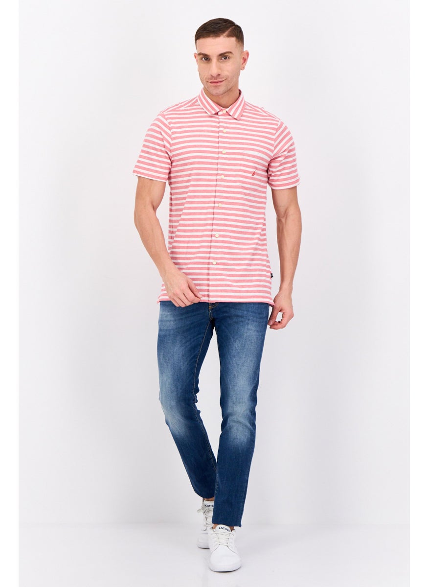 Men Regular Fit Stripe Short Sleeves Polo, White/Red
