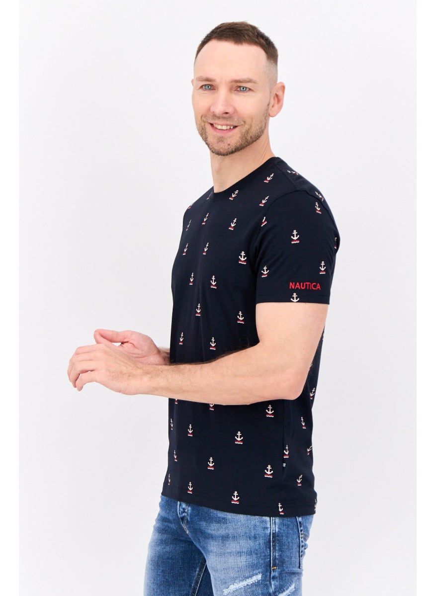Men Round Neck Short Sleeves Allover Print T-Shirts, Dark Navy