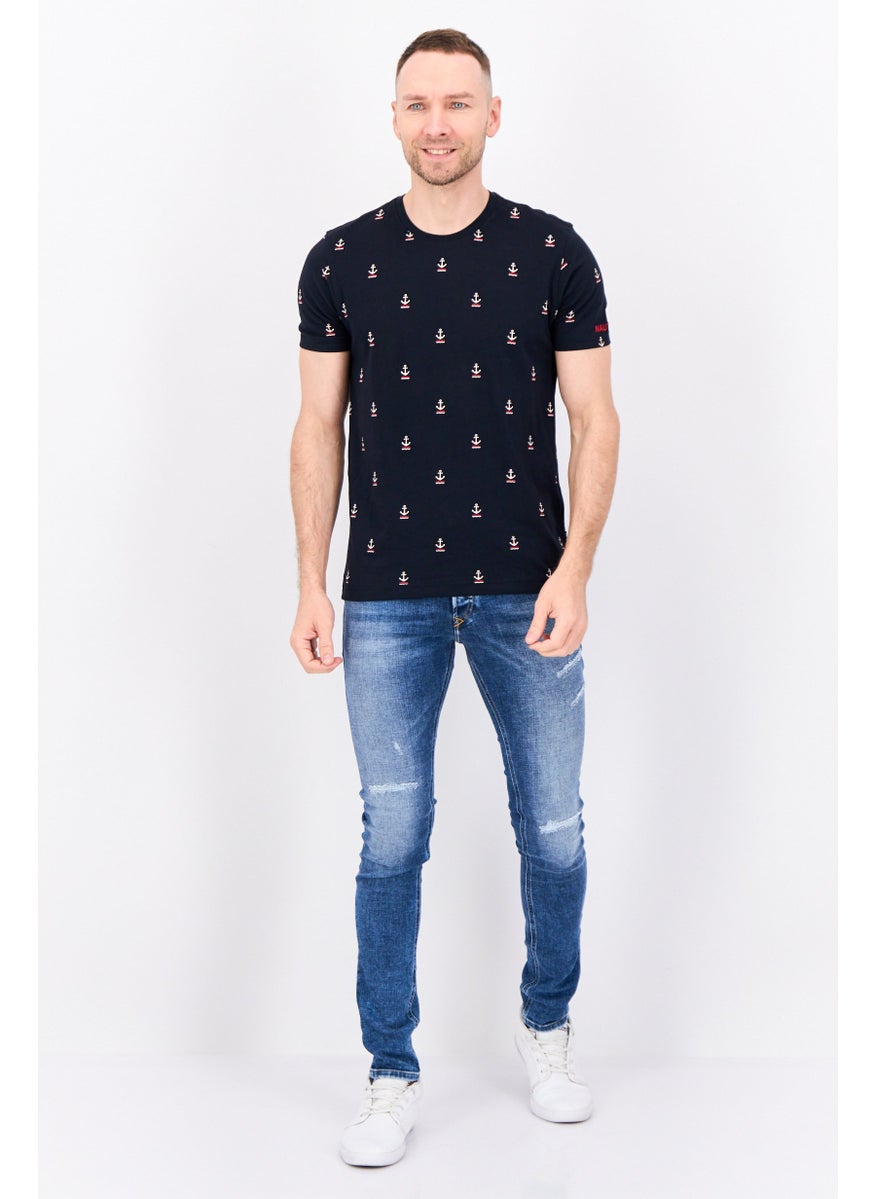 Men Round Neck Short Sleeves Allover Print T-Shirts, Dark Navy