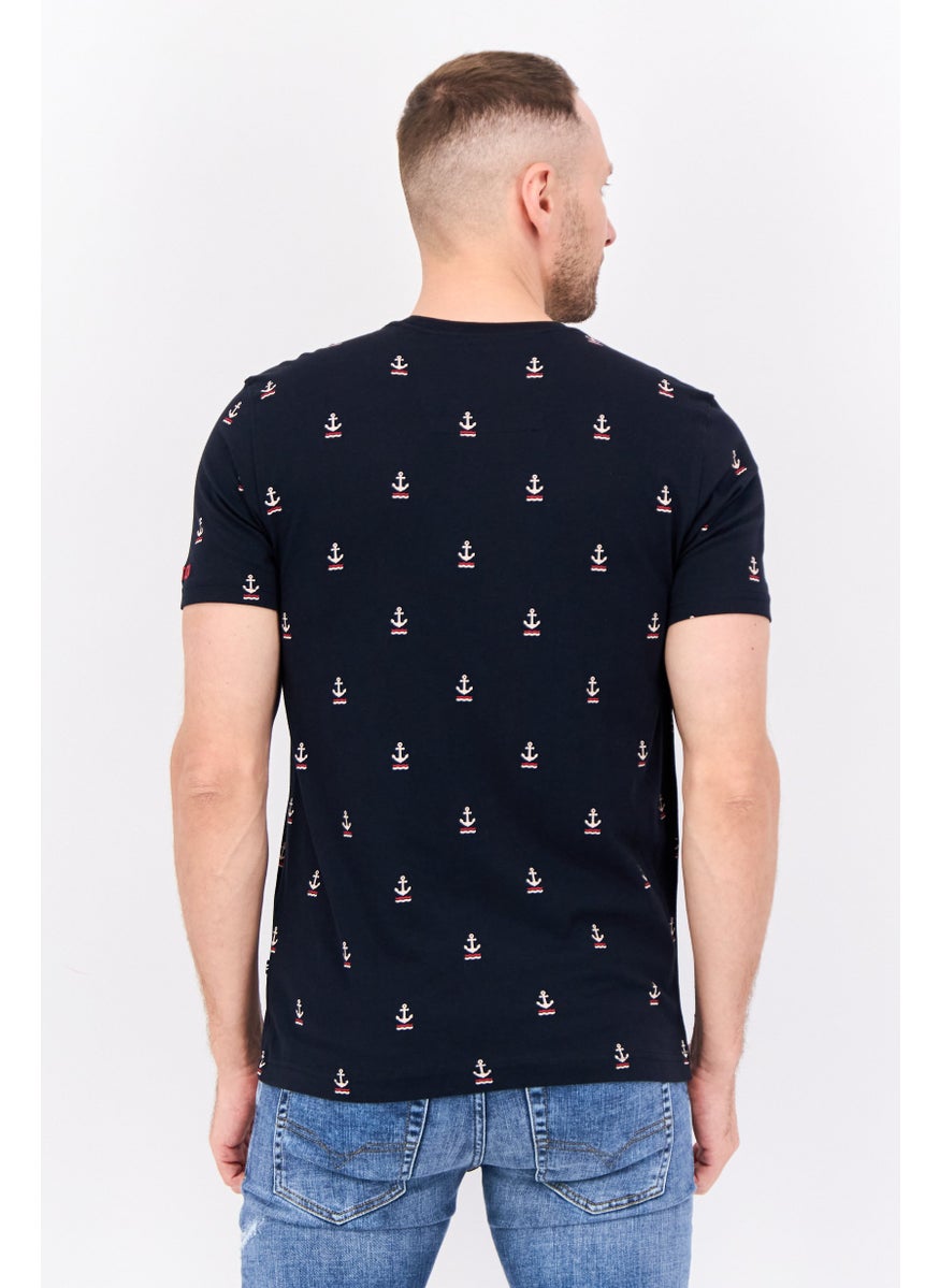 Men Round Neck Short Sleeves Allover Print T-Shirts, Dark Navy