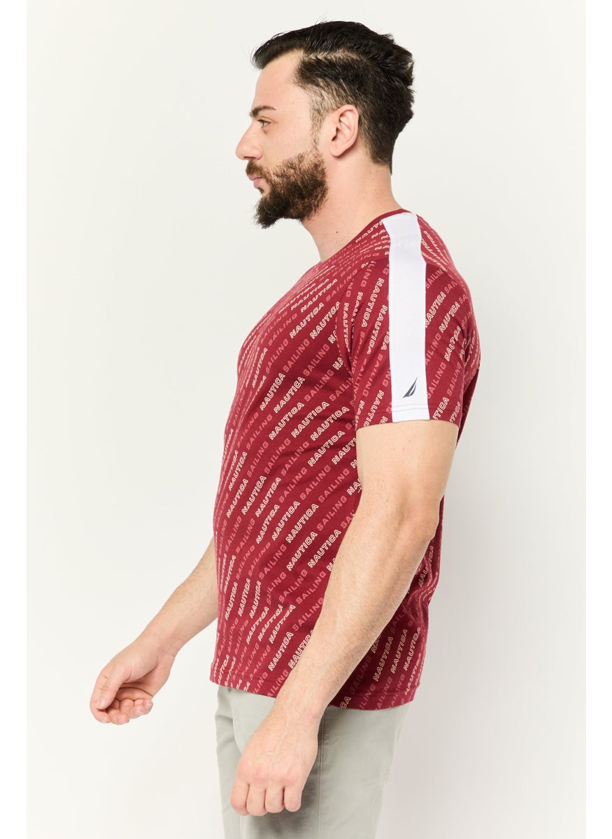 Men Round Neck Short Sleeves Allover Print T-Shirts, Maroon/White