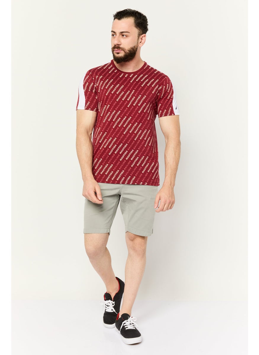Men Round Neck Short Sleeves Allover Print T-Shirts, Maroon/White