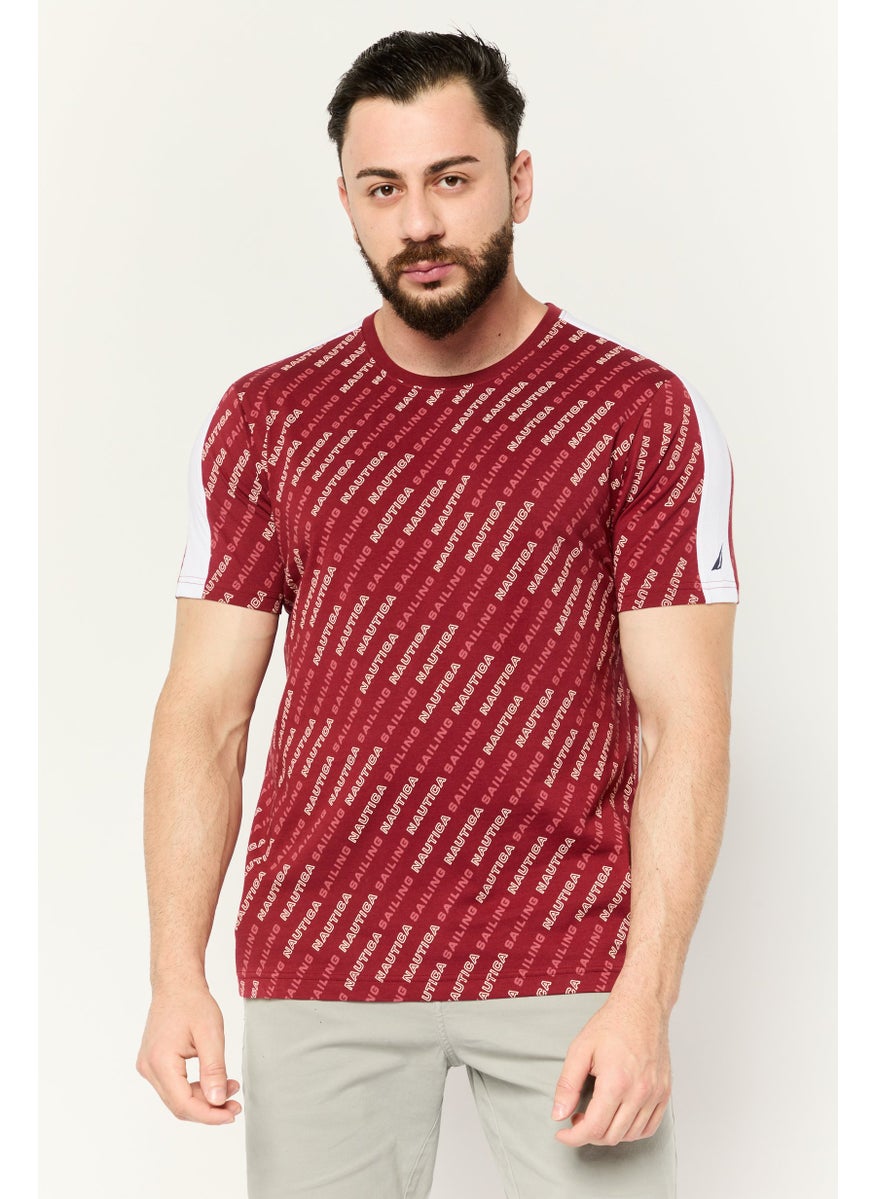 Men Round Neck Short Sleeves Allover Print T-Shirts, Maroon/White