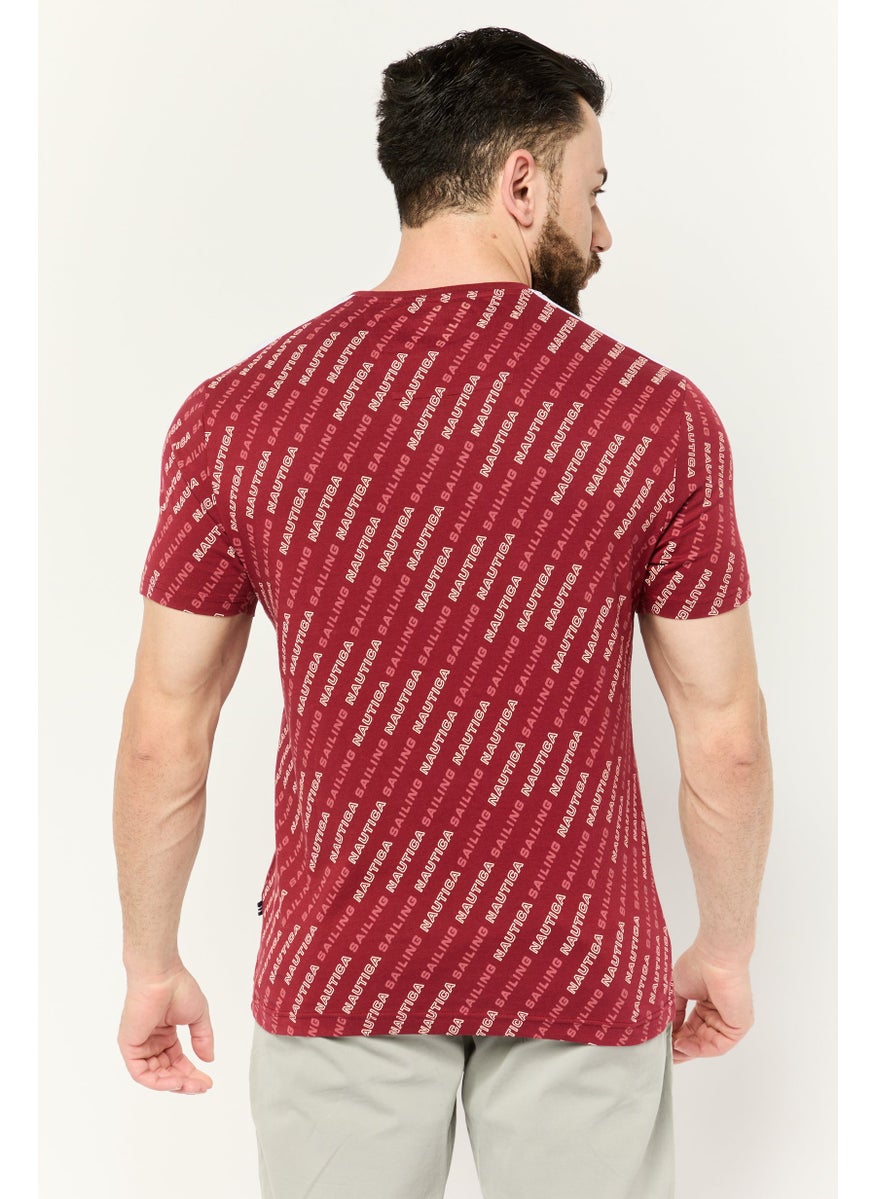 Men Round Neck Short Sleeves Allover Print T-Shirts, Maroon/White