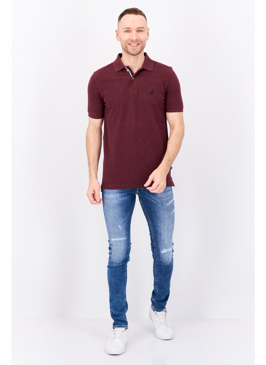 Men Slim Fit Embroidered Logo Short Sleeve Polo Shirt, Burgundy