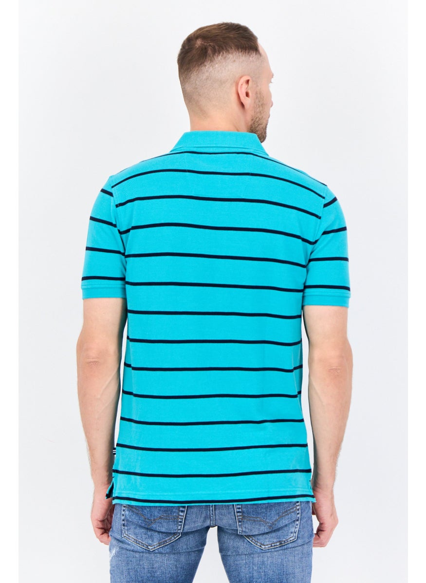 Men Slim Fit Stripe Short Sleeves Polo Shirt, Aqua