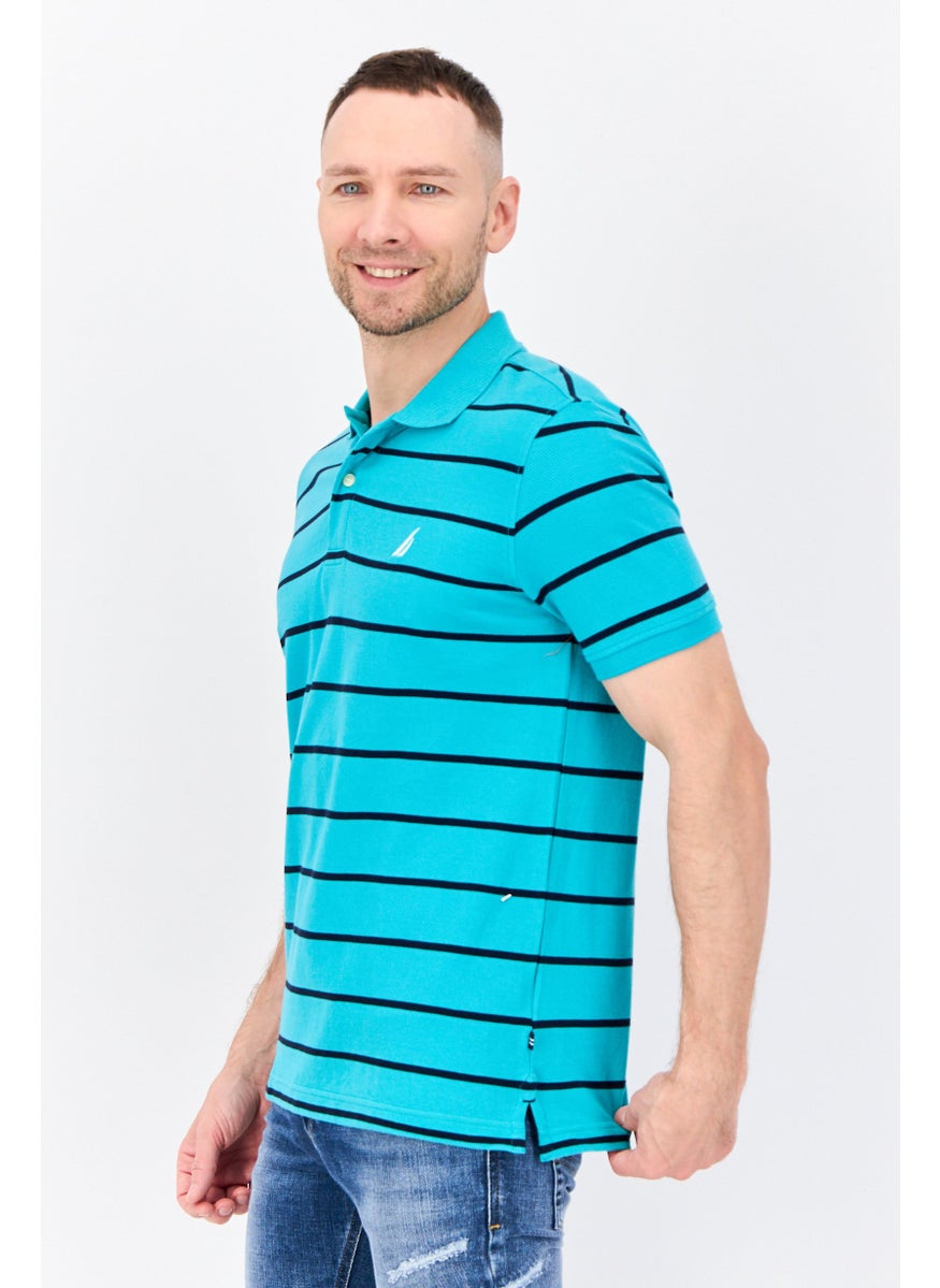 Men Slim Fit Stripe Short Sleeves Polo Shirt, Aqua