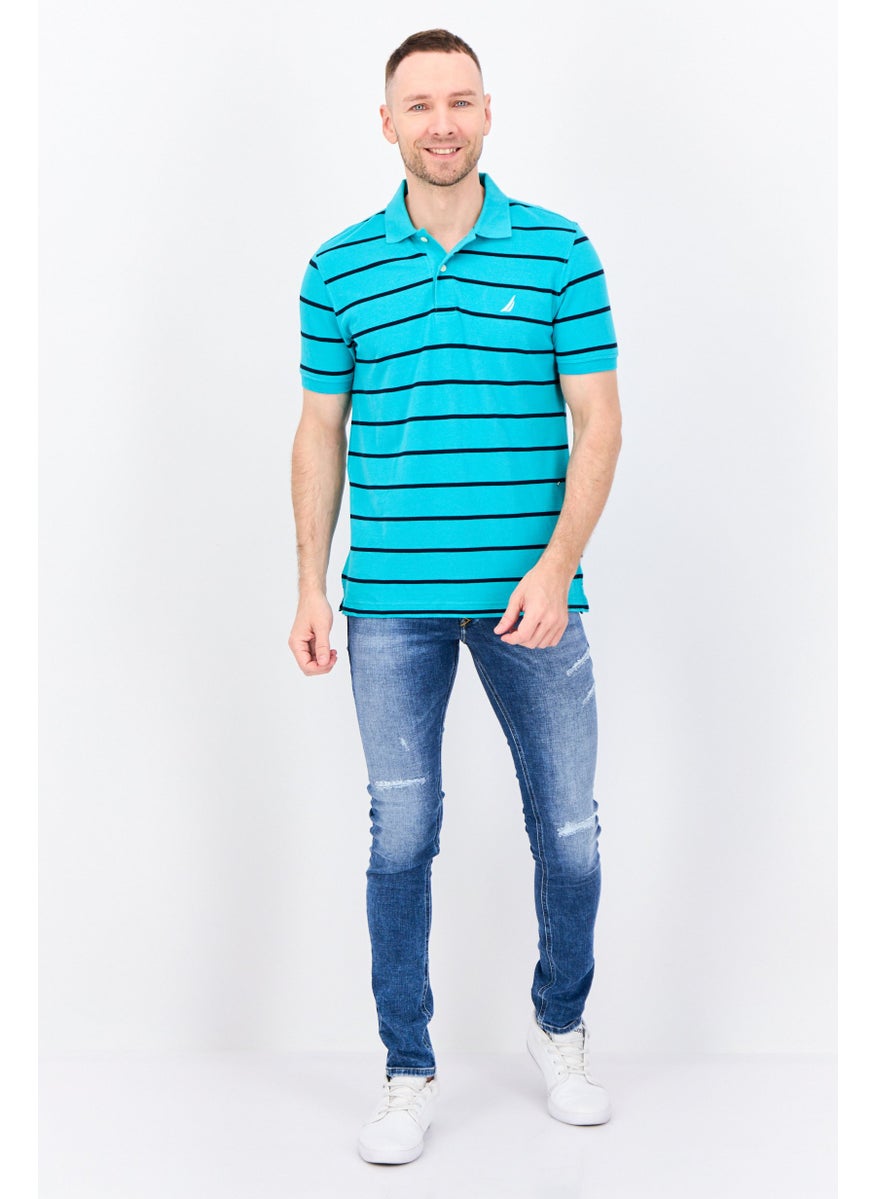 Men Slim Fit Stripe Short Sleeves Polo Shirt, Aqua