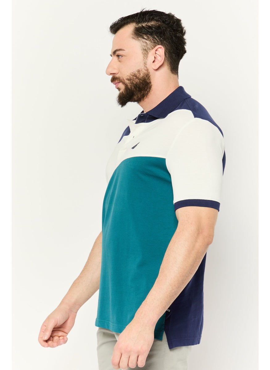 Men Regular Fit Colorblock Short Sleeves Polo Shirt, Navy/White/Dark Green