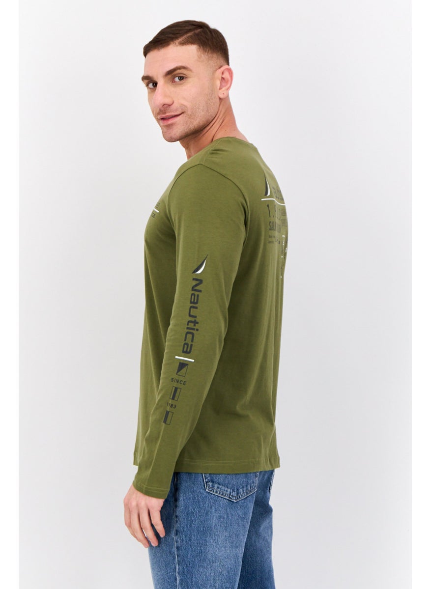 Men Crew Neck Long Sleeves Graphic Print Shirt, Olive