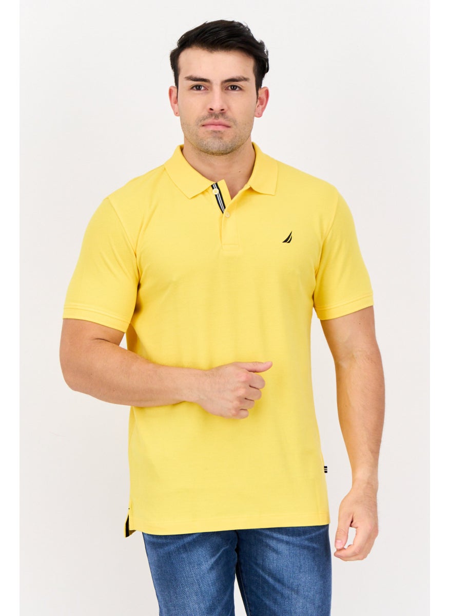 Men Slim Fit Embroidered Logo Short Sleeves Deck Polo, Yellow
