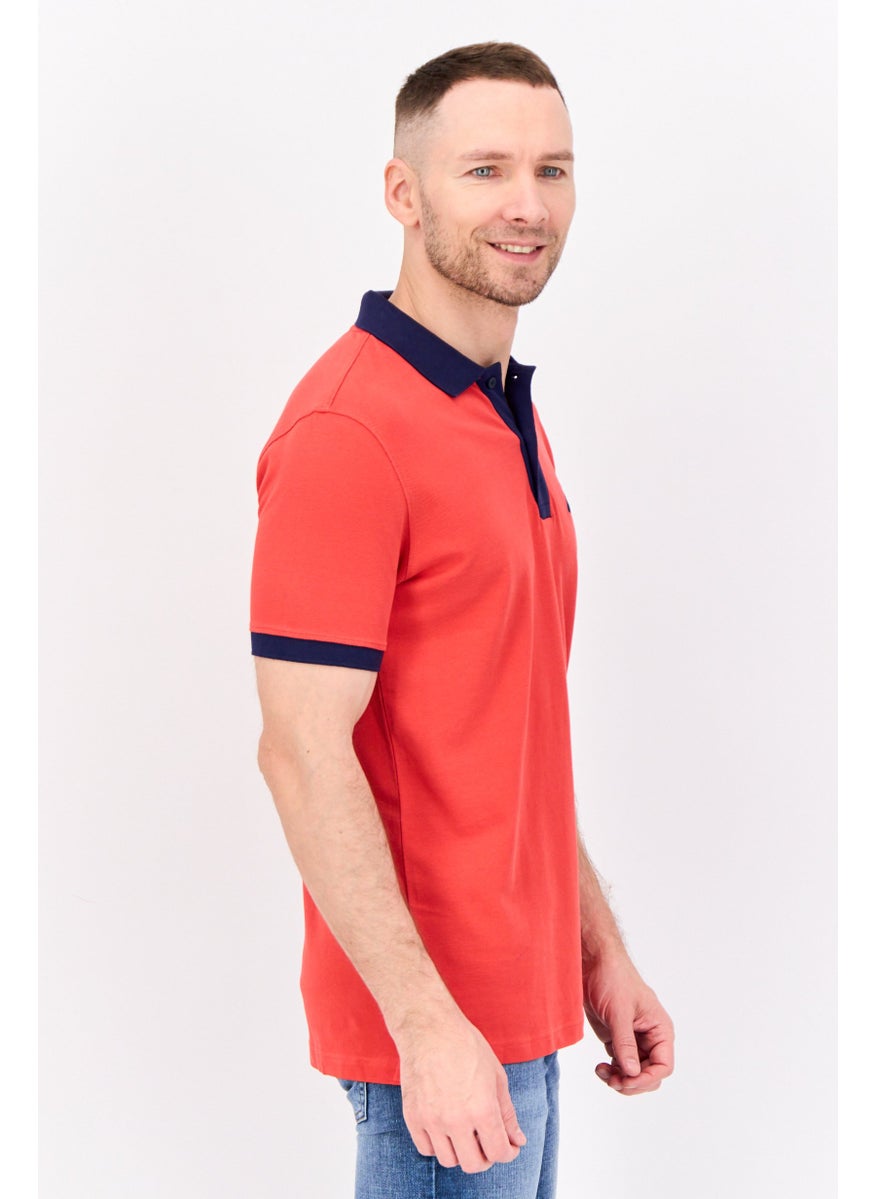 Men Regular Fit Embroidered Logo Short Sleeve Polo, Red/Navy