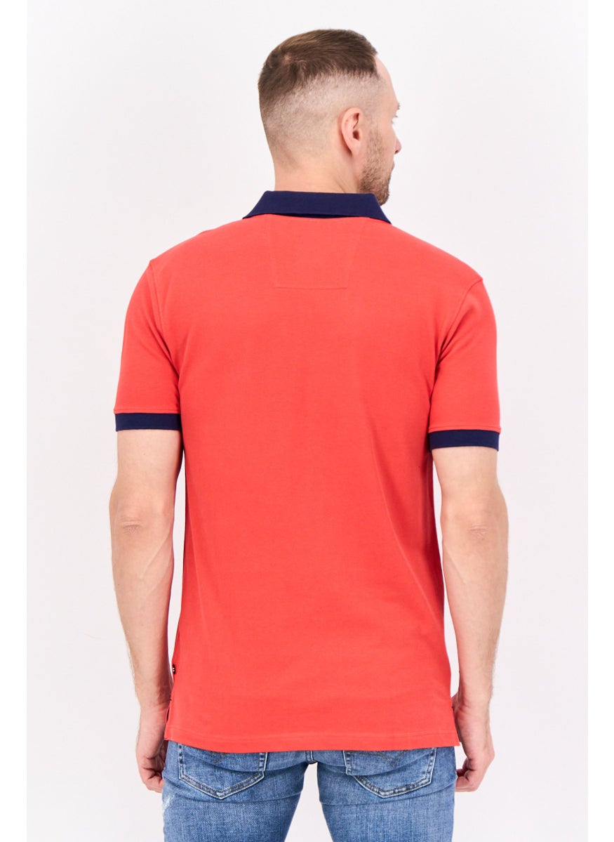 Men Regular Fit Embroidered Logo Short Sleeve Polo, Red/Navy