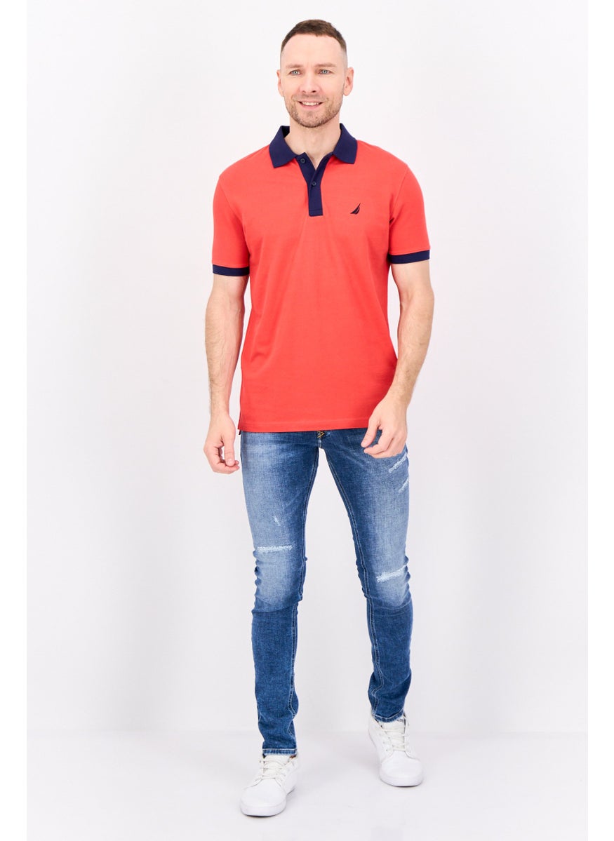 Men Regular Fit Embroidered Logo Short Sleeve Polo, Red/Navy
