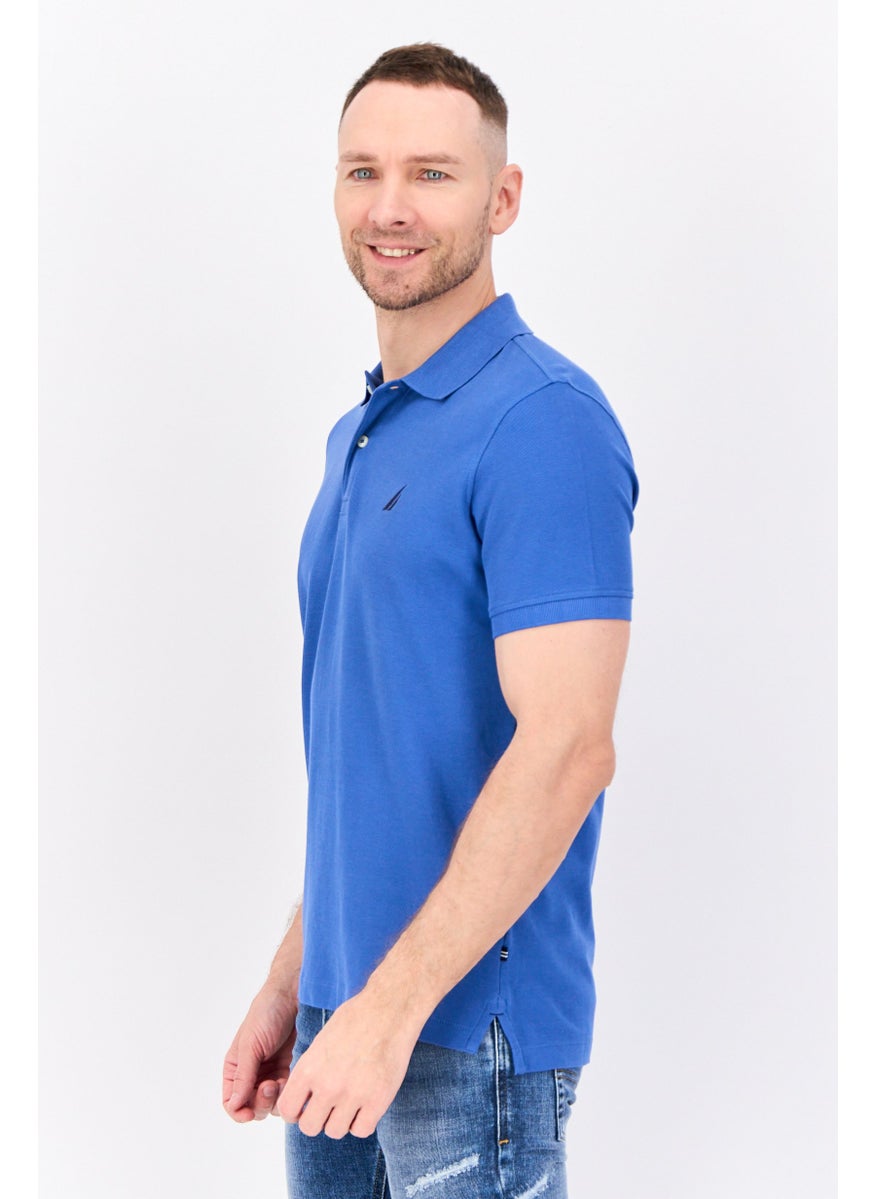 Men Slim Fit Embroidered Logo Short Sleeves Polo Shirt, Blue