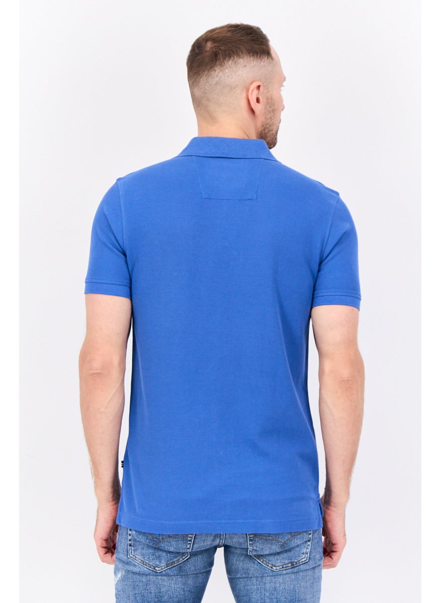 Men Slim Fit Embroidered Logo Short Sleeves Polo Shirt, Blue