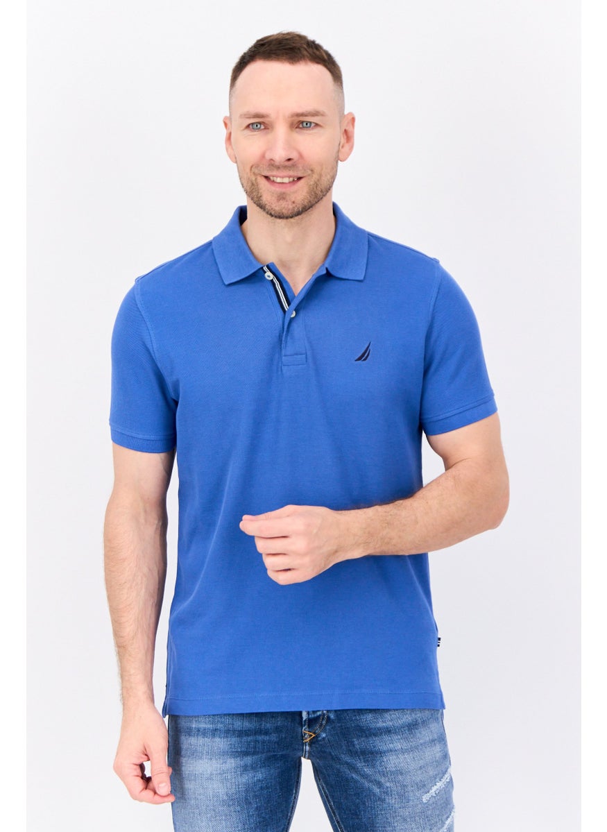 Men Slim Fit Embroidered Logo Short Sleeves Polo Shirt, Blue