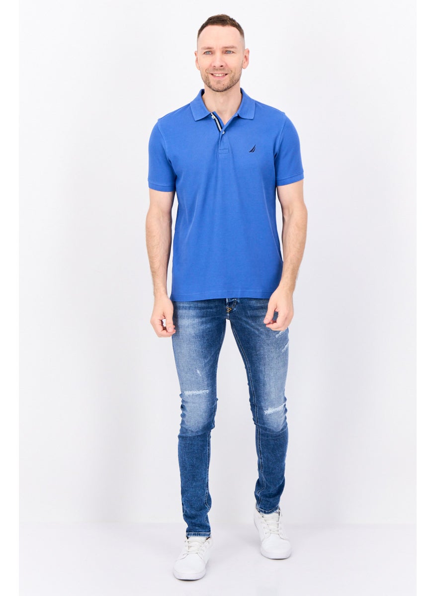 Men Slim Fit Embroidered Logo Short Sleeves Polo Shirt, Blue